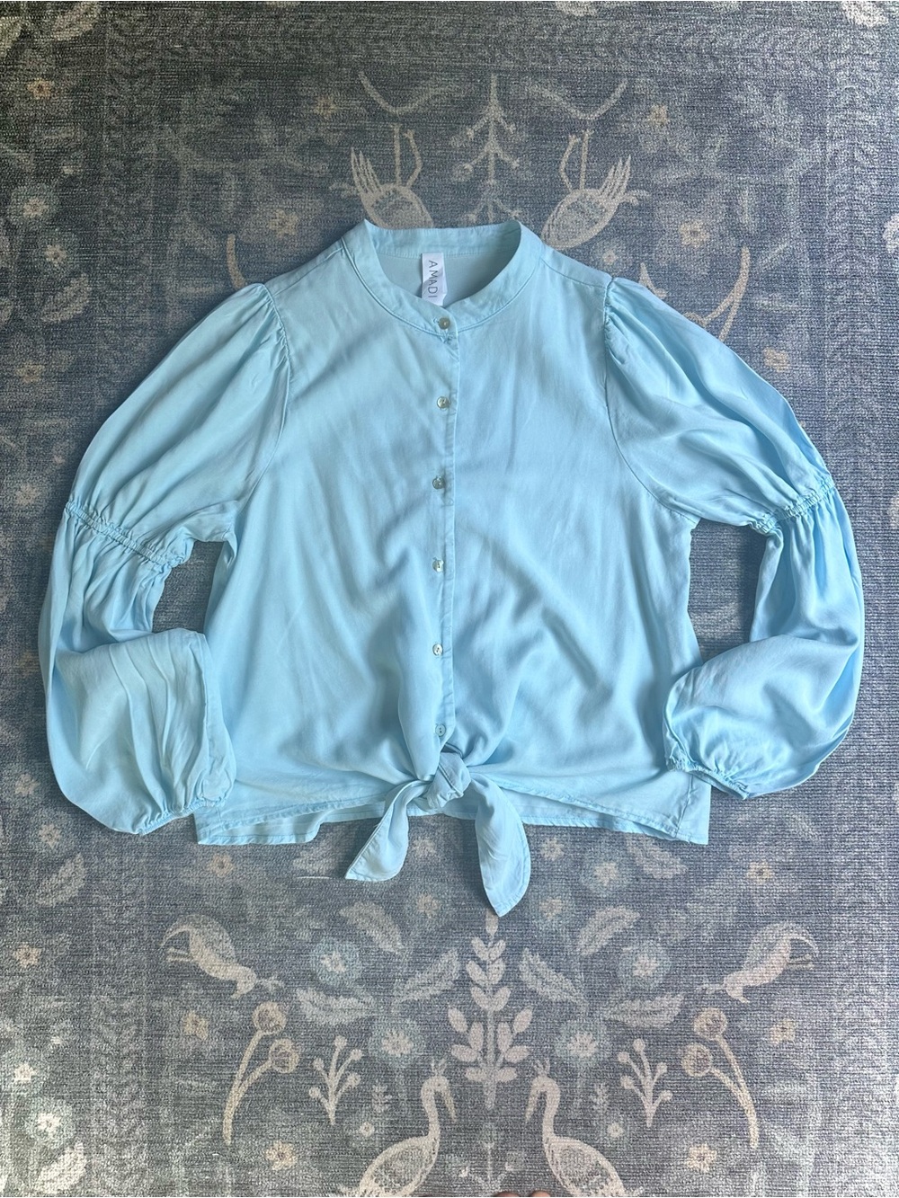 AMADI Light Blue Tencel Puff Sleeve Tie Front Blouse M